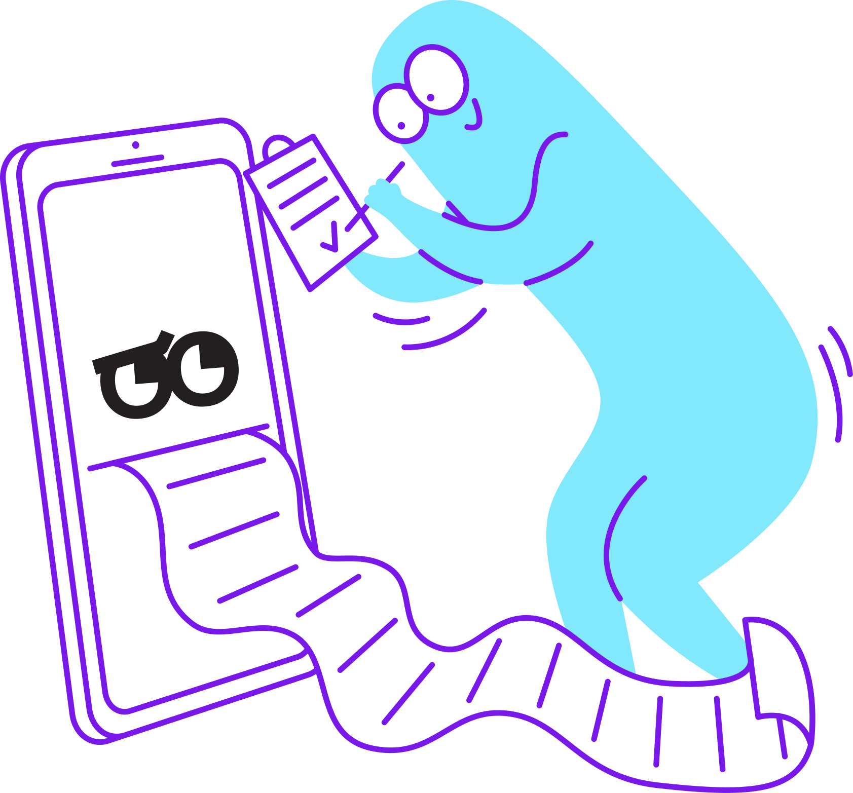 Max the alien ticking off a clipboard as data streams from a phone