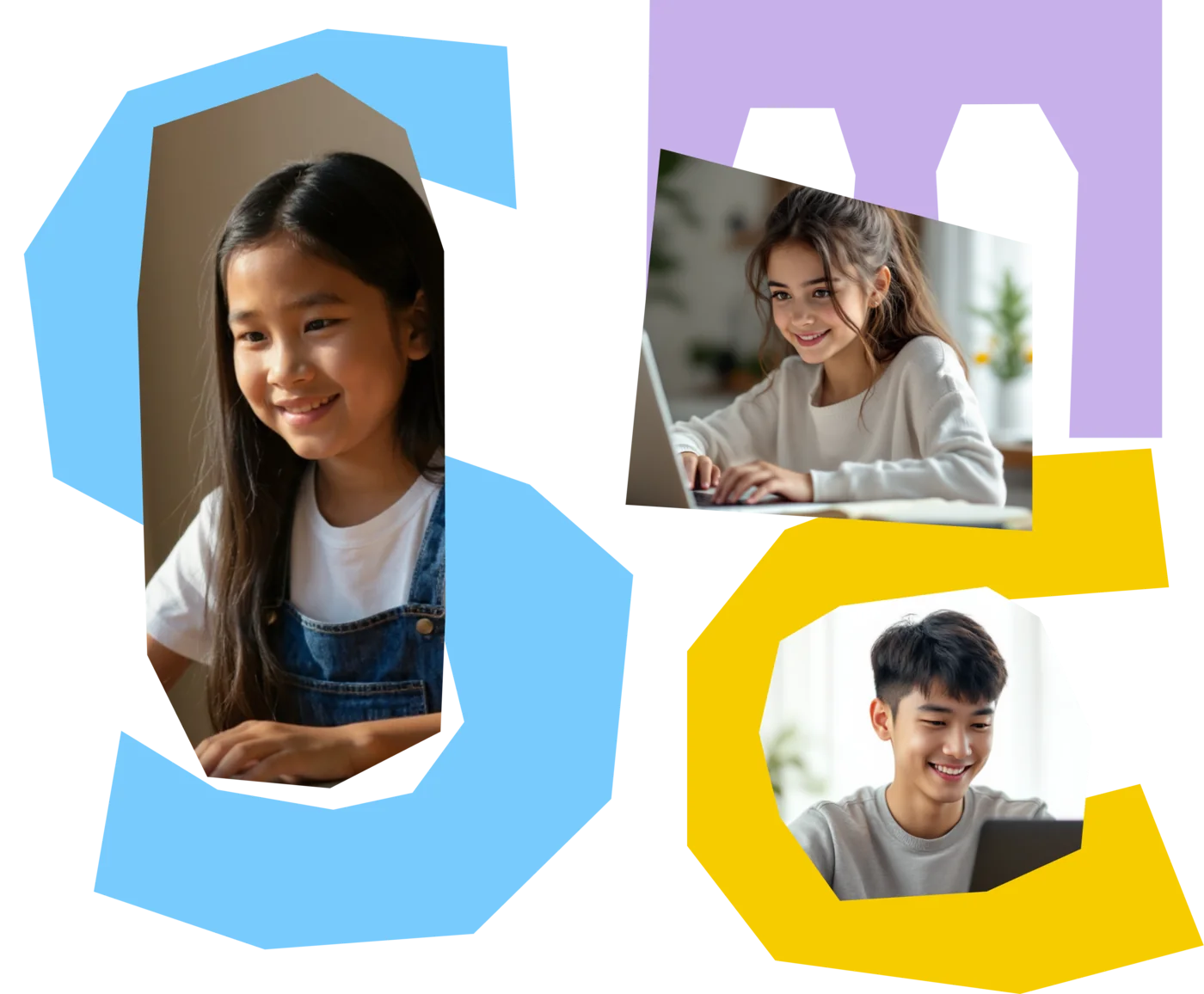 Three students smiling while practising on laptops, framed by colourful S, M and C cutout shapes